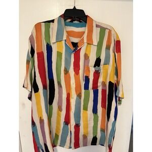 MEN'S GENELLI MULTI COLORED STRIPED SILK SHORT SLEEVE SHIRT - SIZE L